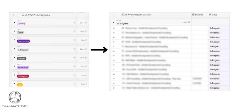 Screenshot of viewing jobs by status in Airtable.