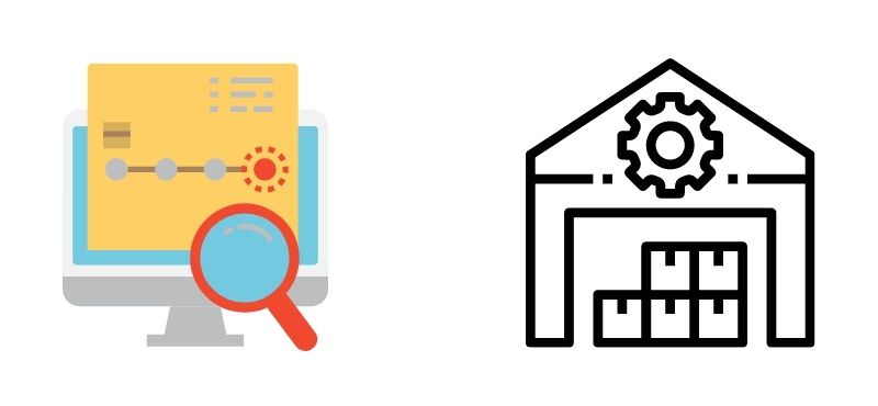 Image of tracking job status on a computer and inventory in a warehouse.